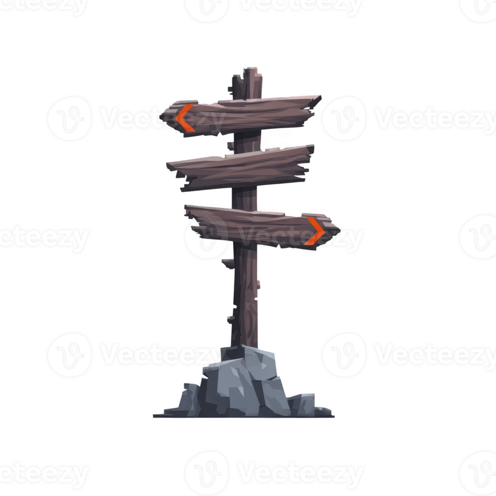 Wooden signpost with three directional arrows stands on rocky base, featuring rustic design and weathered texture, ideal for fantasy or adventure themes png