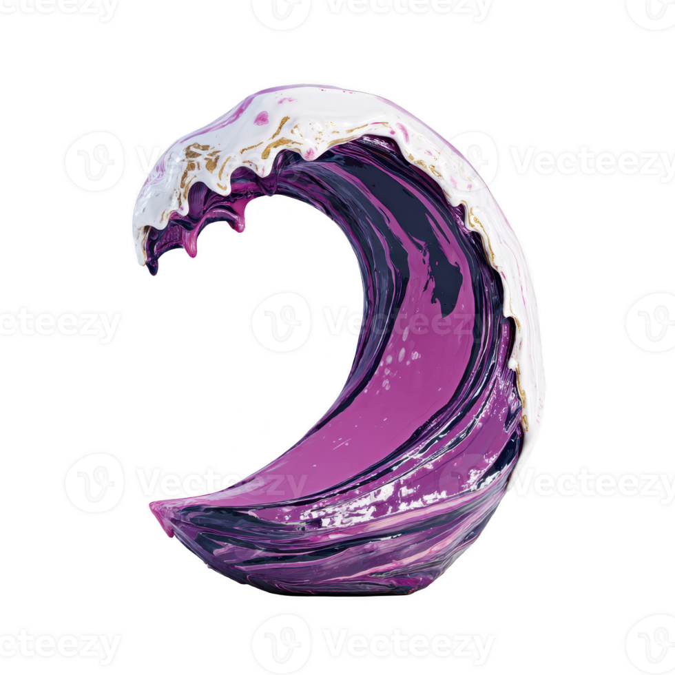 Vibrant, abstract sculpture of wave features swirling purple and white colors, capturing dynamic motion of ocean. artistic design evokes sense of energy and fluidity png