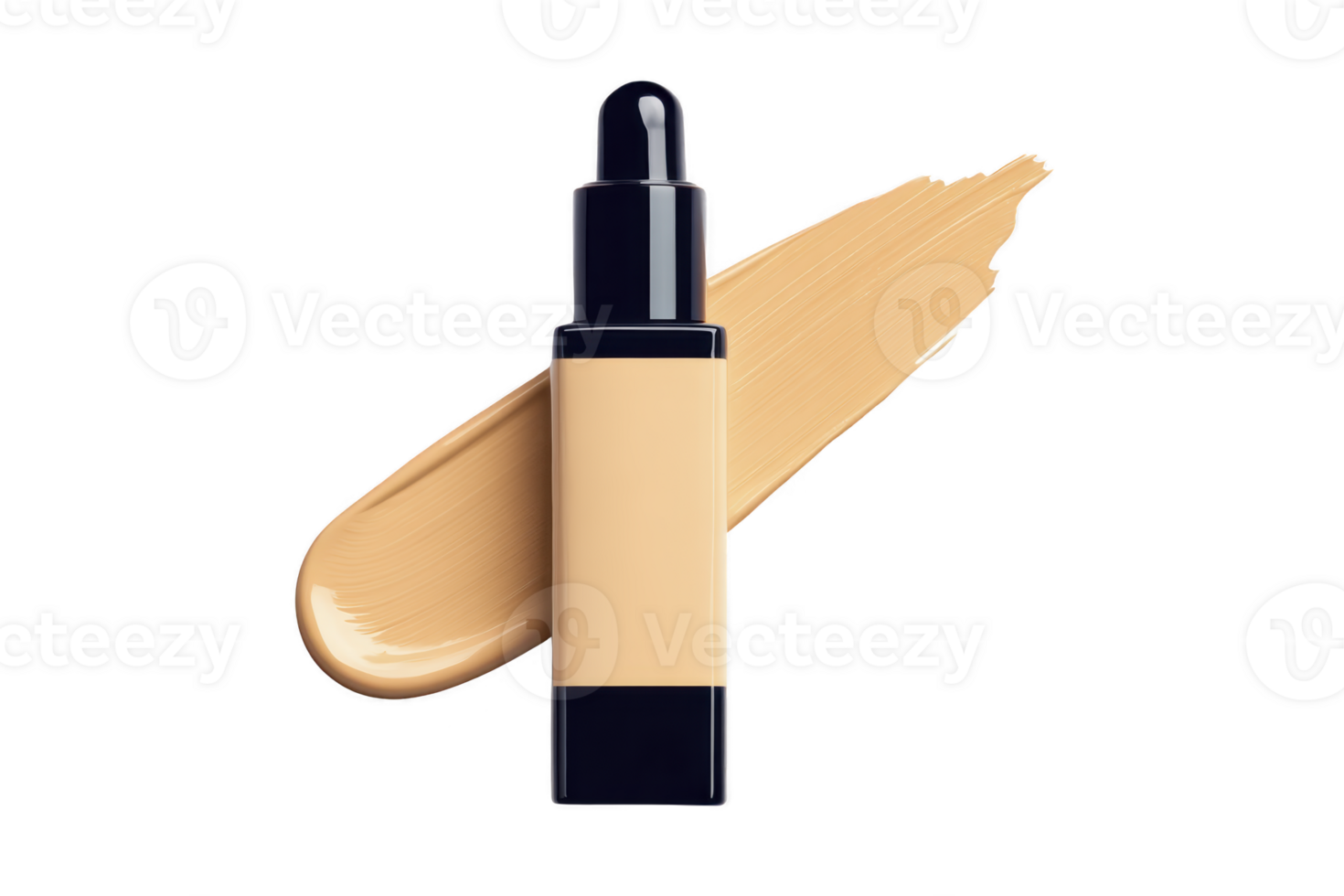 Bottle of liquid foundation with dropper cap is displayed against background of beige foundation smear, highlighting its smooth texture and creamy consistency png