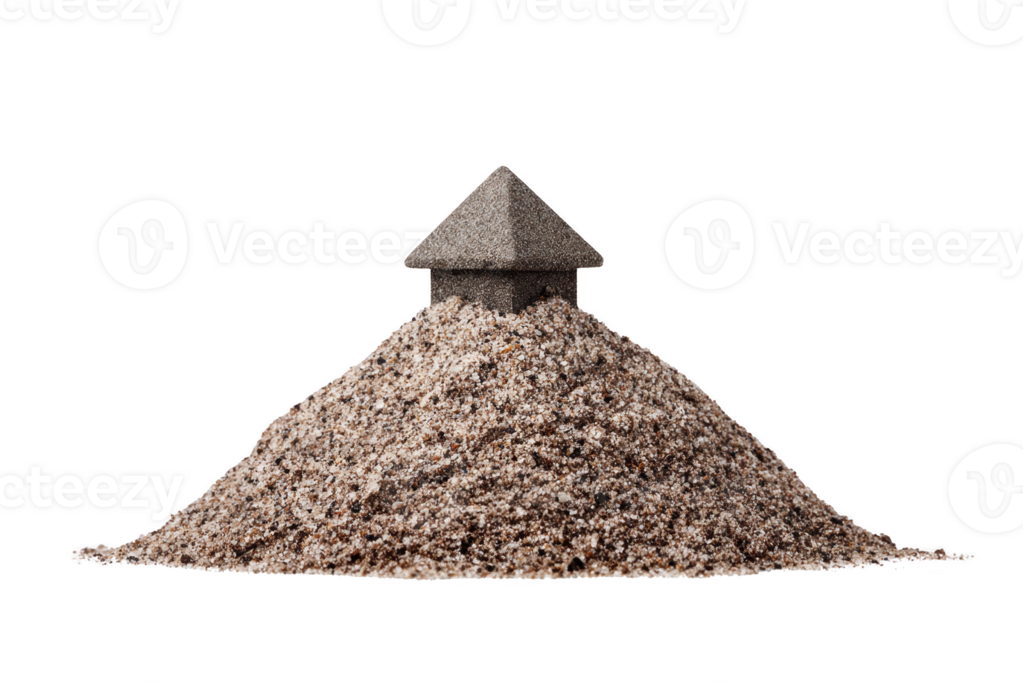 Small house made of sand sits atop mound of sand, symbolizing fragility and creativity. structure is simple yet intriguing, evoking sense of impermanence and artistic expression png