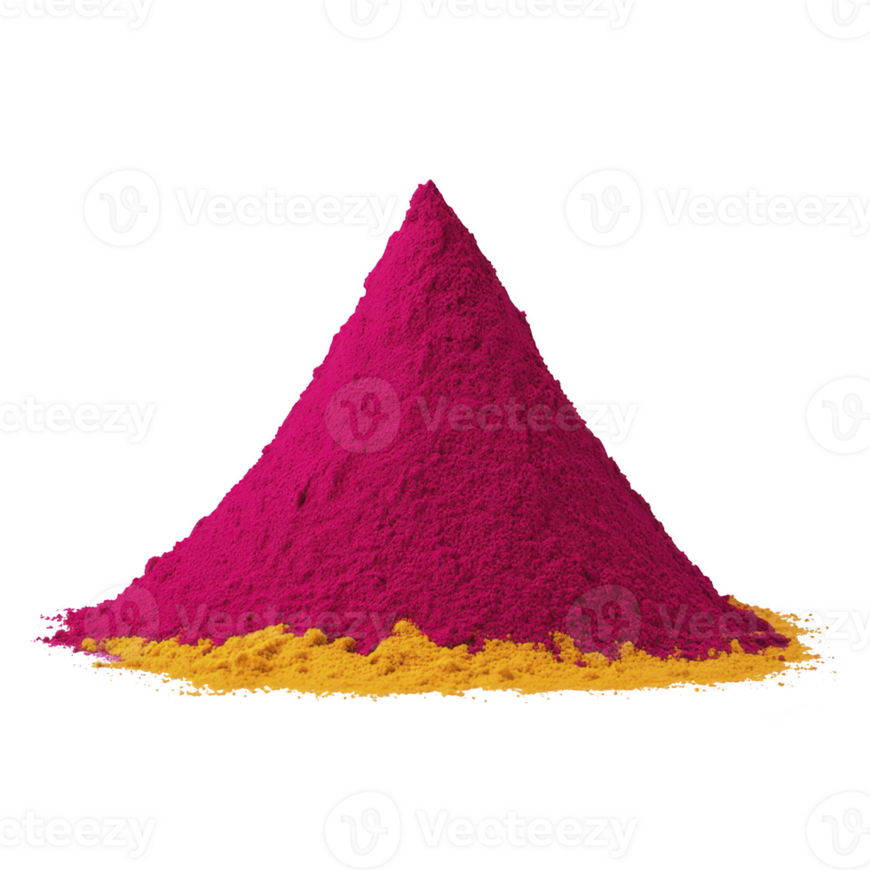 Vibrant pile of magenta and yellow powder forms striking contrast, often used in cultural festivals and celebrations. colors evoke sense of joy and festivity png