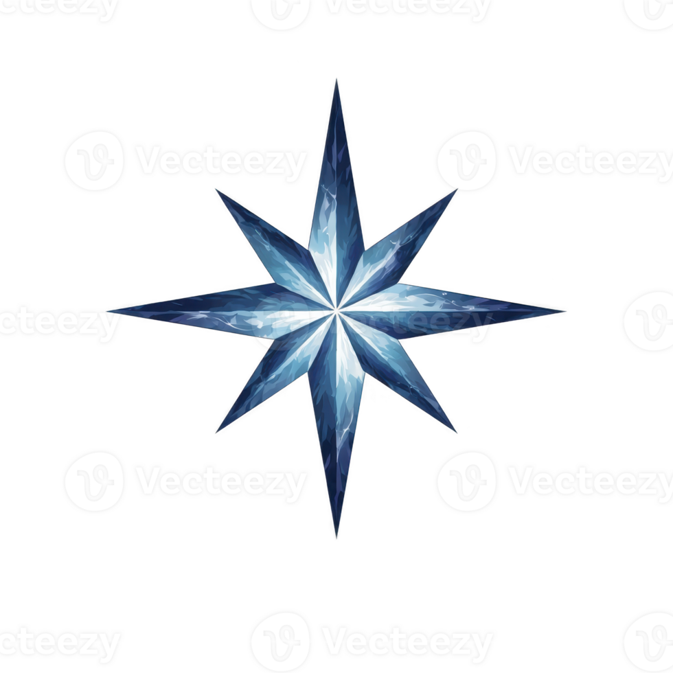Blue eight pointed star with gradient effect, resembling compass rose, is depicted against transparent background. design features sharp, symmetrical points and glossy finish, evoking sense png