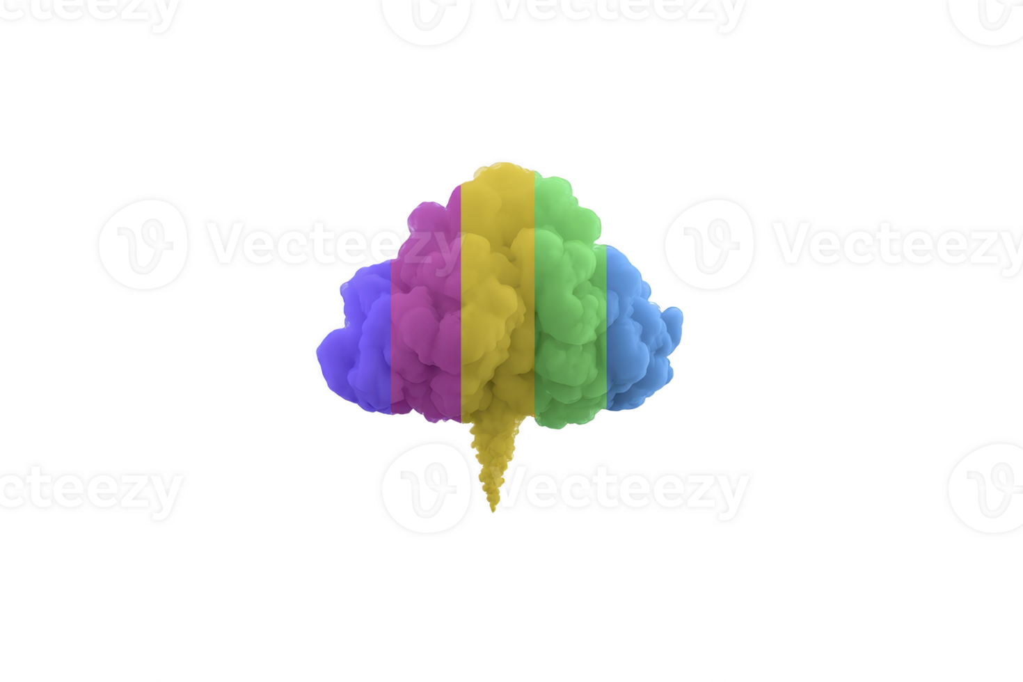 Colorful cloud shaped like brain with spiral base, featuring vibrant hues of purple, blue, green, yellow, and pink, symbolizing creativity and imagination png