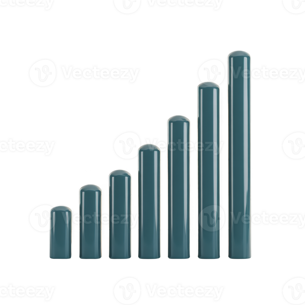 3D bar graph with six vertical bars of increasing height, representing data growth or progress. bars are glossy and metallic, creating modern and sleek appearance png