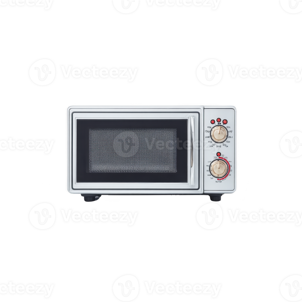 Silver microwave oven with sleek design features digital display and control knobs, ideal for modern kitchens. compact appliance is perfect for quick heating and defrosting tasks png