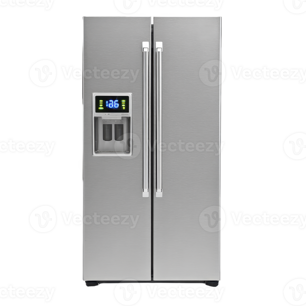 Modern stainless steel side by side refrigerator with digital display and water dispenser, ideal for contemporary kitchens. sleek design and advanced features offer convenience and style png