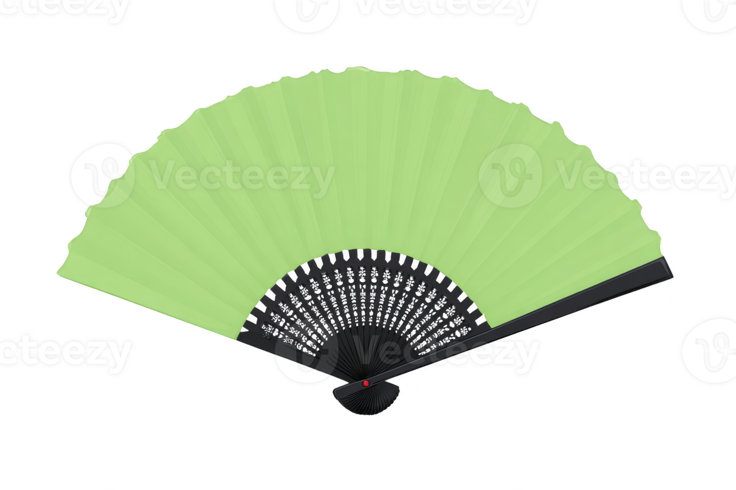 Green folding hand fan with black handle and intricate design is displayed, showcasing elegance and traditional craftsmanship. fan is open, revealing its full semi circular shape png