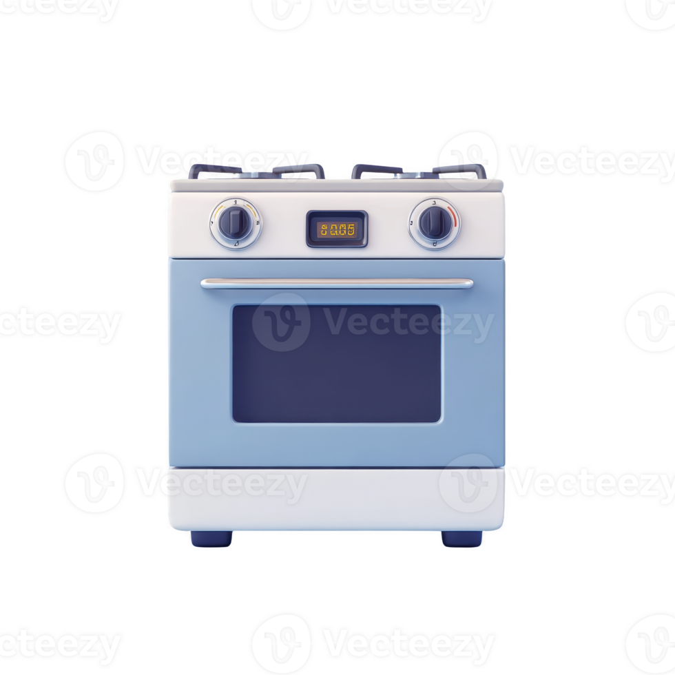Blue and white toy stove with digital clock and two knobs, designed for children play. stove features simple, colorful design, evoking sense of fun and imagination png