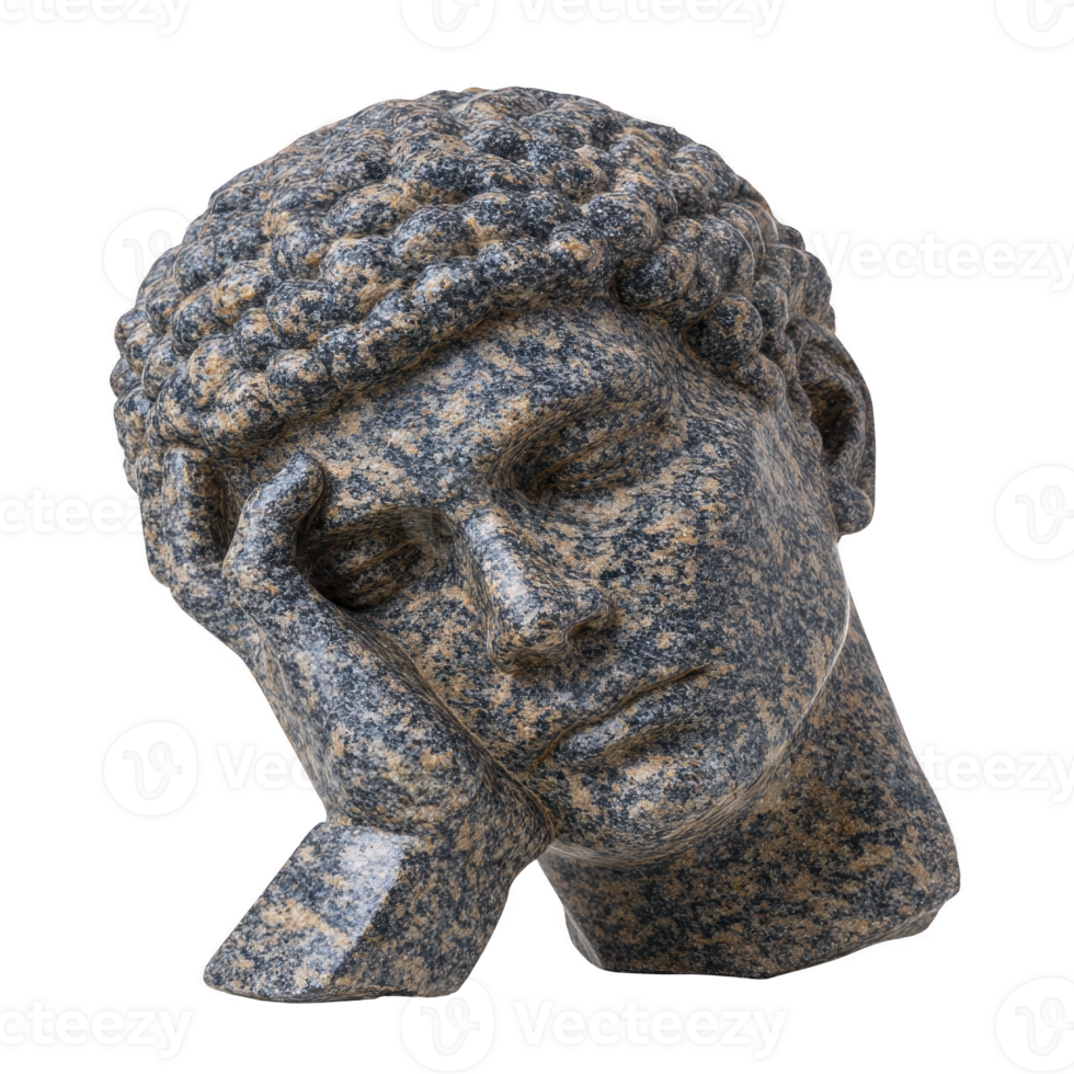 Detailed stone sculpture of contemplative human head, showcasing intricate carving and texture, evokes sense of introspection and artistry png