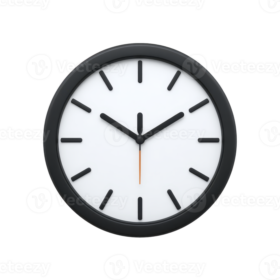 Modern wall clock with minimalist design features black frame and simple black hour and minute hands on white face, creating sleek and contemporary look png