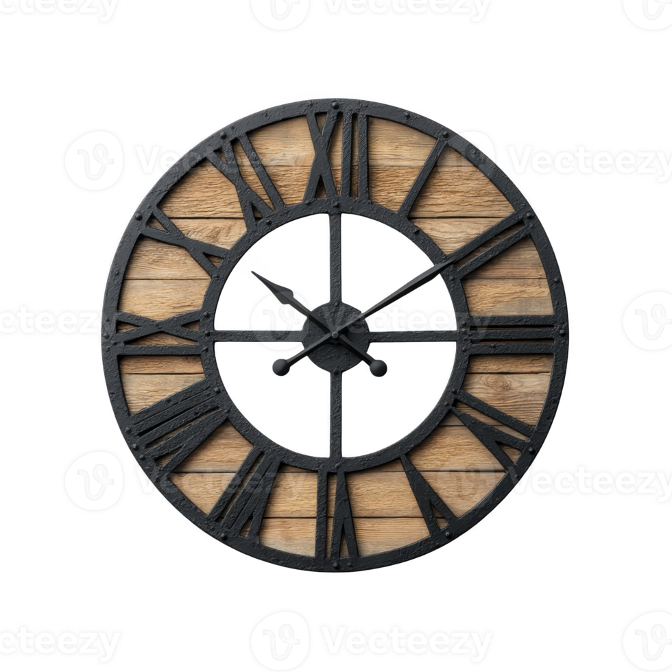 Rustic wall clock with Roman numerals and wooden background, featuring black metal frame, adds vintage touch to home decor png