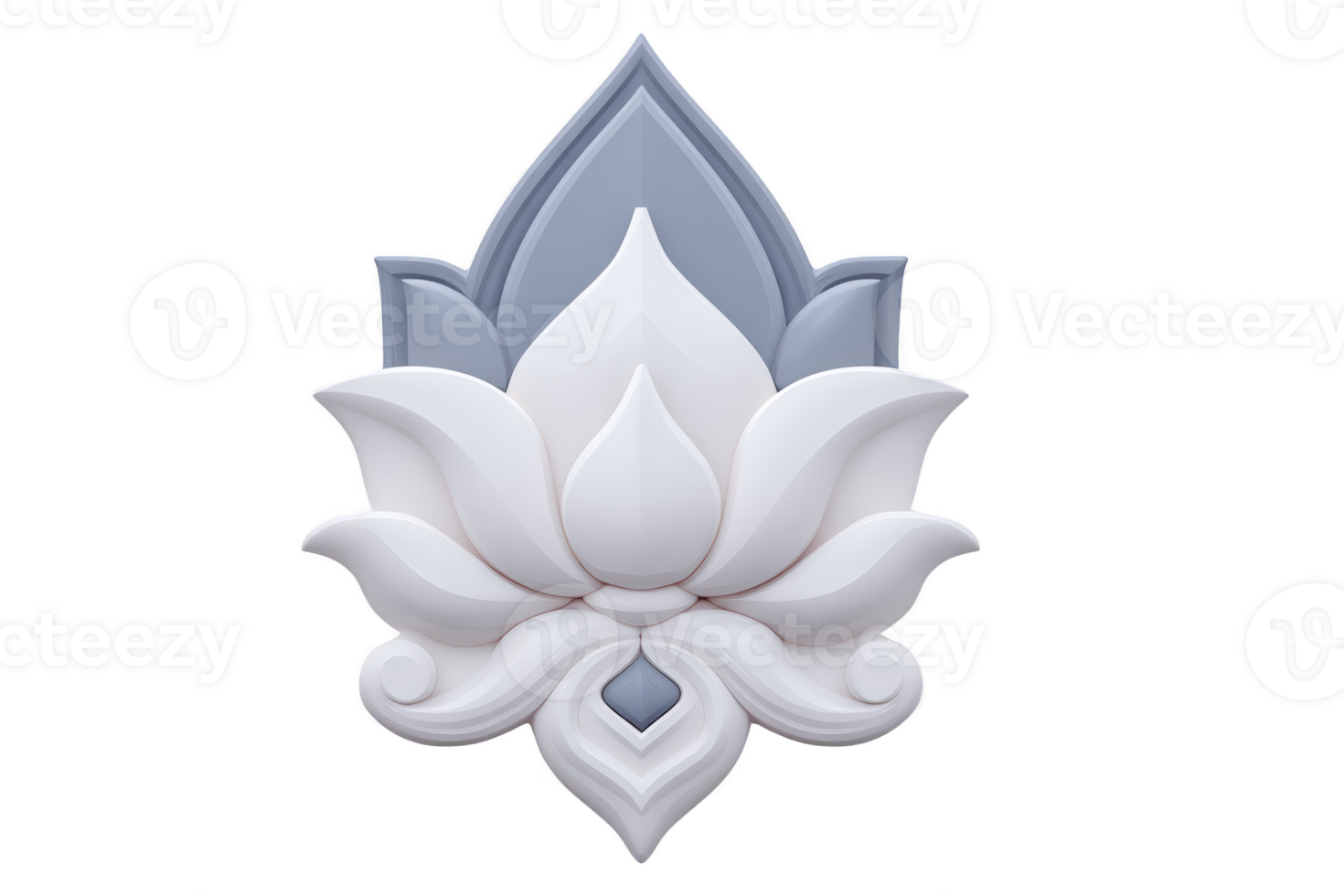 3D illustration of stylized lotus flower with layered petals in shades of white and gray, symbolizing purity and tranquility. design is symmetrical and elegant, evoking sense of calm and balance png