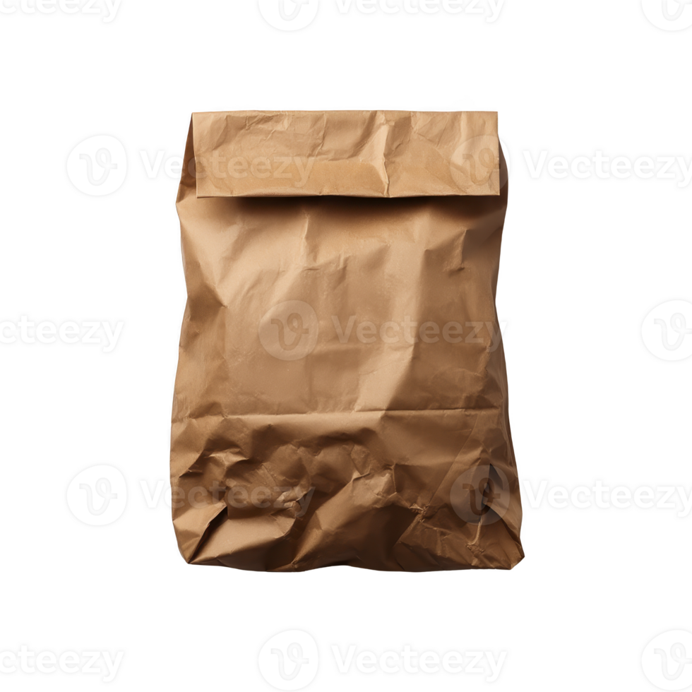 Crumpled brown paper bag with folded top, often used for carrying lunch or groceries, isolated on transparency background. texture and color give it rustic, eco friendly appearance png