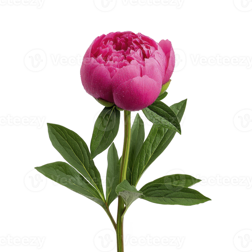 Vibrant pink peony flower with lush green leaves stands elegantly against plain background, showcasing its delicate petals and natural beauty png