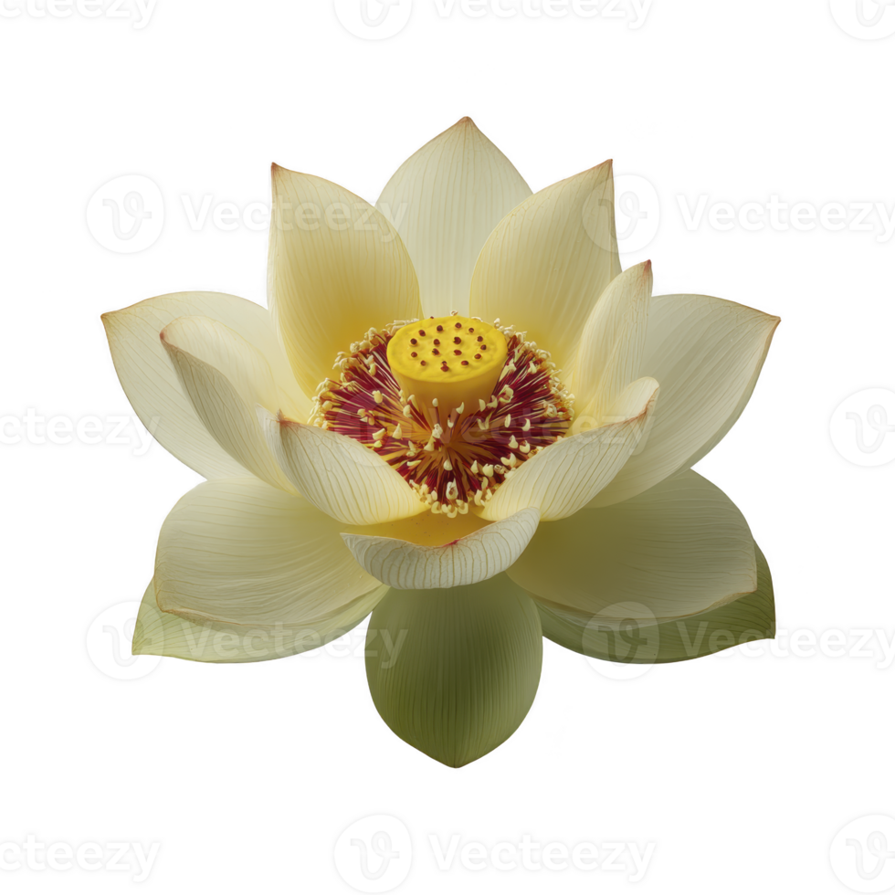 Serene yellow lotus flower with delicate petals and vibrant center, symbolizing purity and enlightenment. intricate details of petals create sense of tranquility png