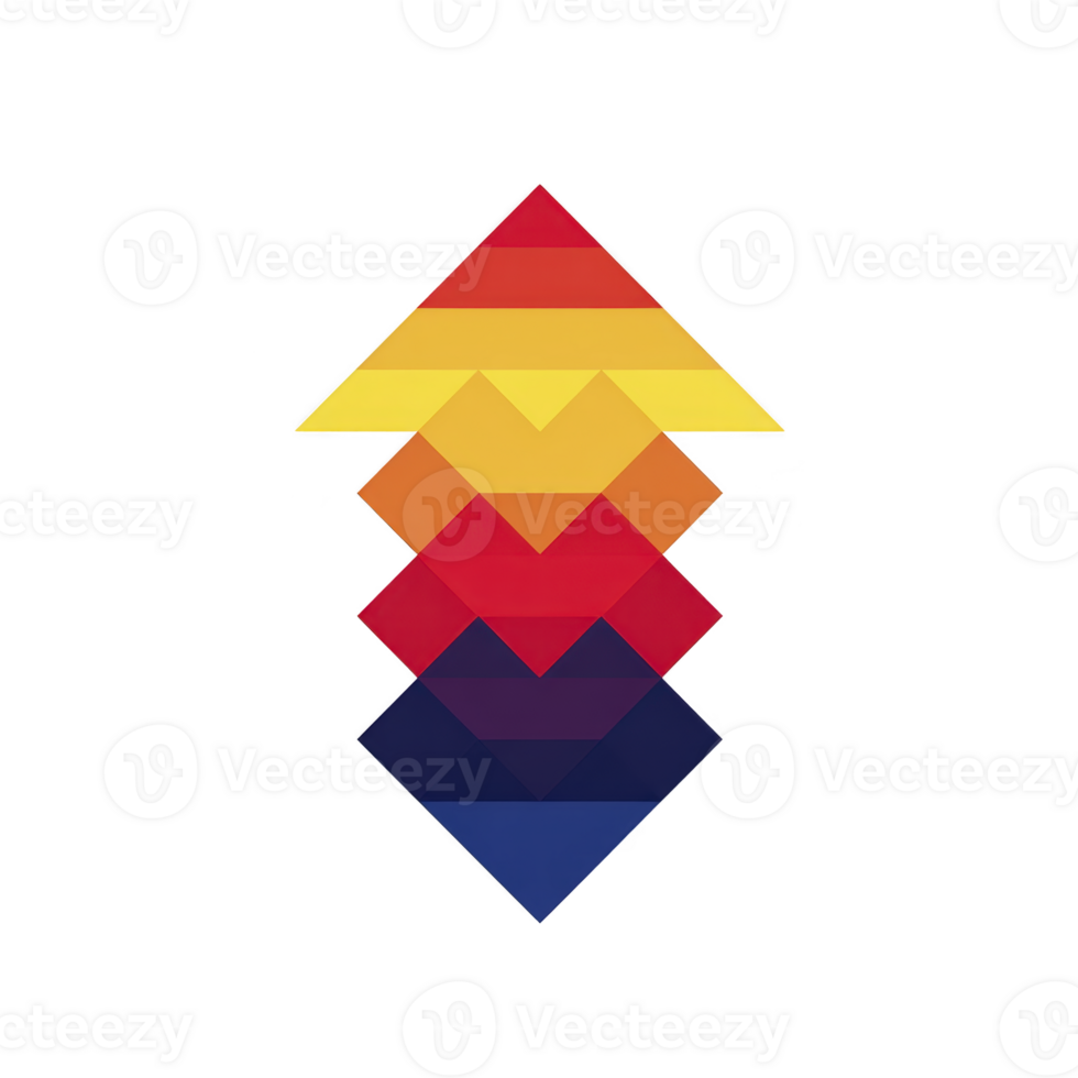 Vibrant geometric arrow composed of layered triangles in shades of yellow, orange, red, and blue, creating dynamic and modern design. gradient effect adds depth and movement png