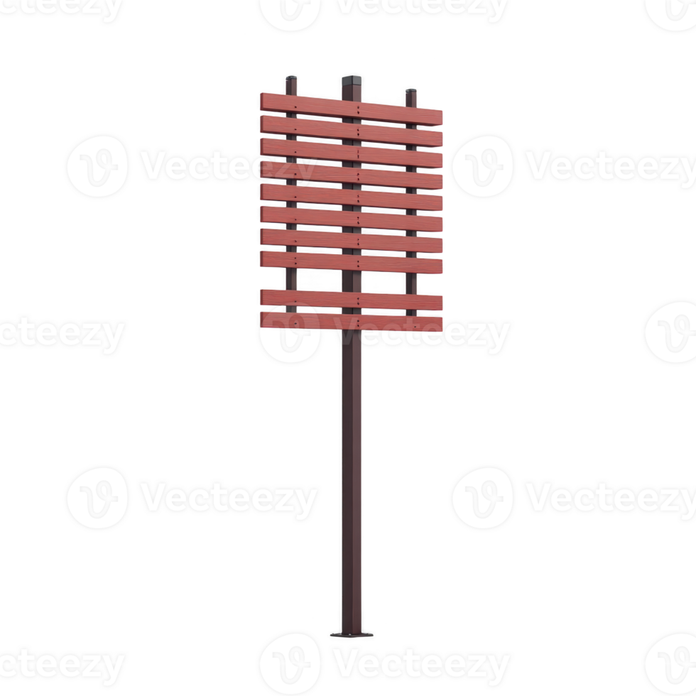 Tall, brown wooden signpost with horizontal slats stands on single pole, isolated on transparency background. rustic design suggests it could be used for outdoor signage or decoration png