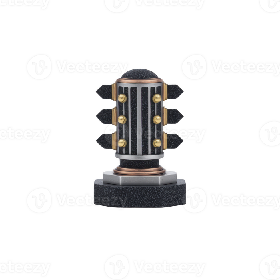 Futuristic, metallic device with cylindrical shape and intricate details, featuring gold accents and black base, possibly used for technology or science fiction themes png