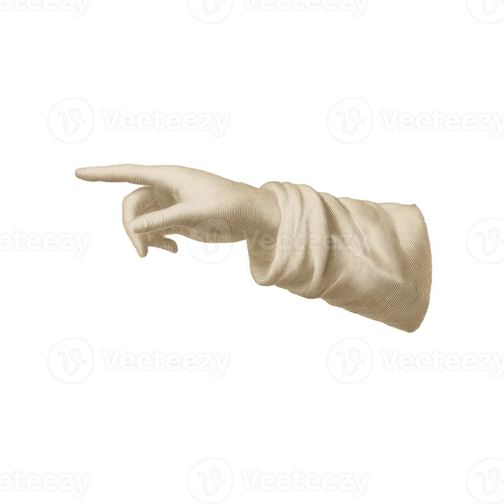 Vintage style illustration of pointing hand with detailed, textured appearance, evoking sense of direction and guidance. hand is depicted in classic, artistic manner png