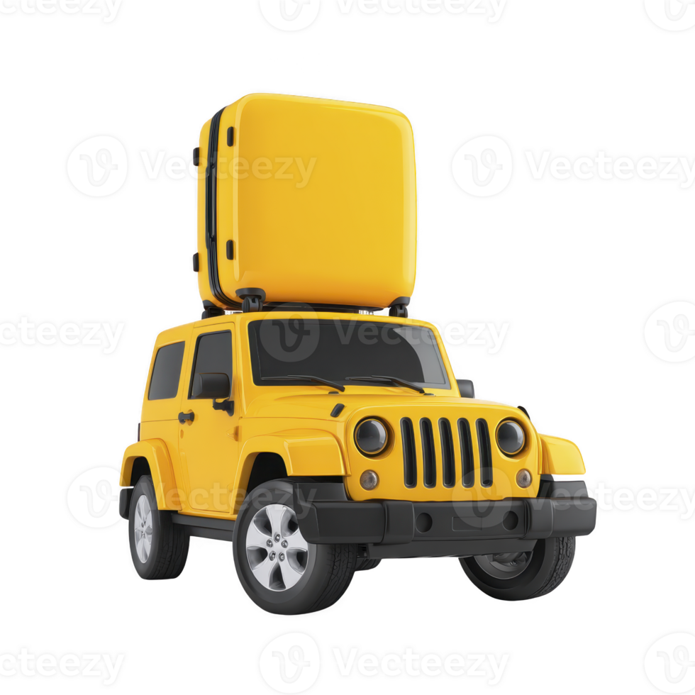 Yellow SUV with large suitcase on its roof, symbolizing travel and adventure. vibrant color and unique setup create playful and adventurous vibe png