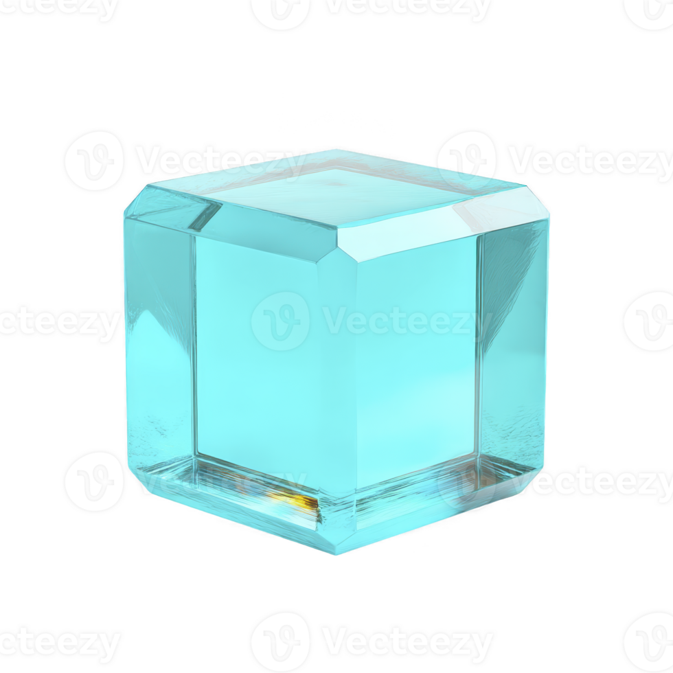 Transparent blue glass cube with beveled edges reflects light, creating modern and elegant appearance. geometric shape and clear material give it sleek, contemporary look png