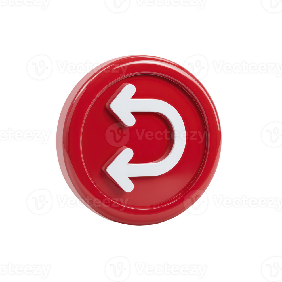 Red circular button with white curved arrow symbol, representing refresh or reload action, is depicted. button glossy finish adds modern touch, making it suitable for digital interfaces or design png