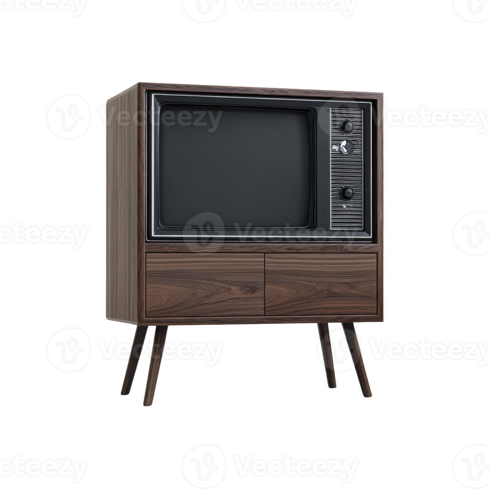 Vintage wooden television set with retro design, featuring boxy shape and control knobs, evokes nostalgia. TV stands on angled legs, showcasing mid century style png