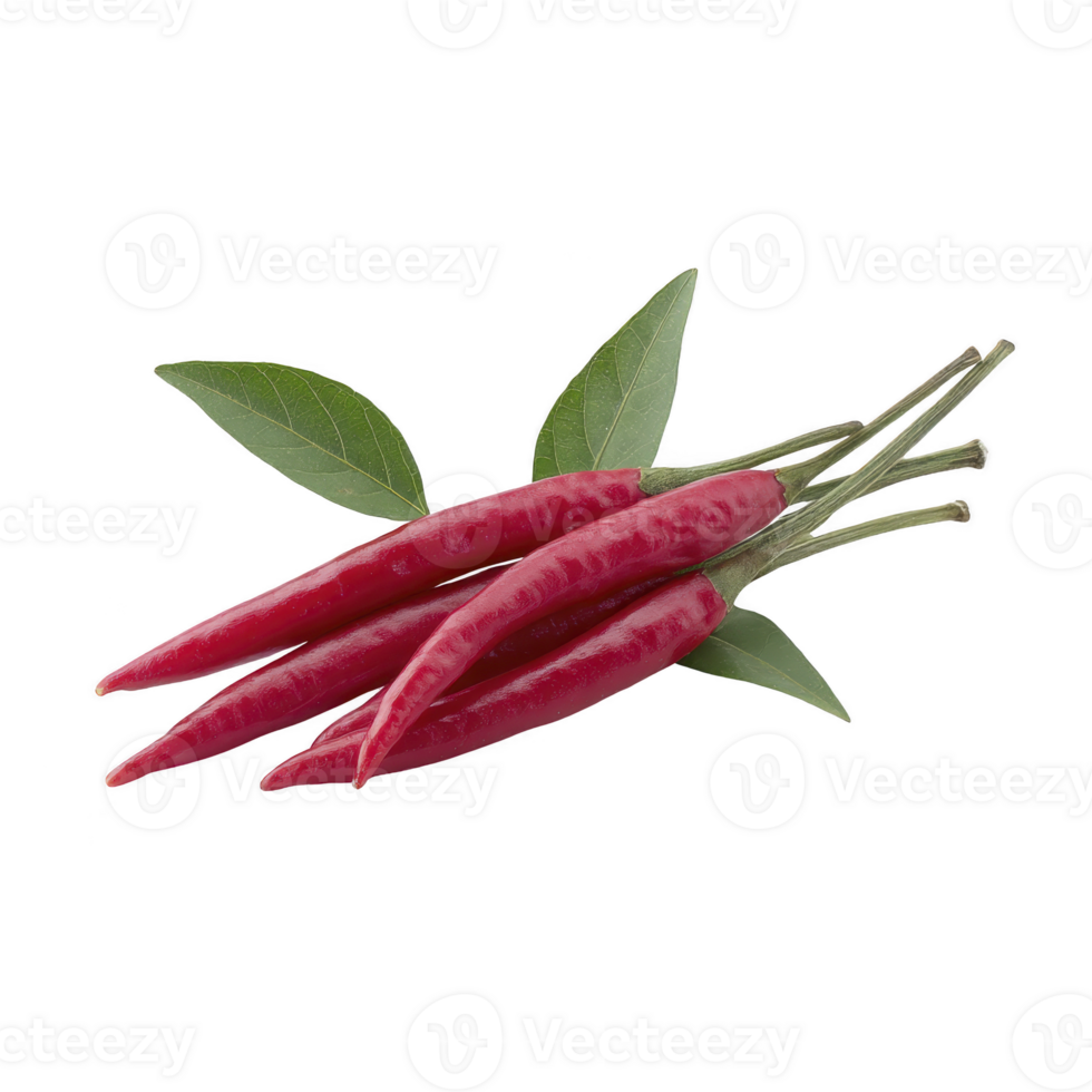 Fresh red chili peppers with green leaves on transparency background, showcasing their vibrant color and natural texture. Perfect for adding spice and flavor to culinary dishes png