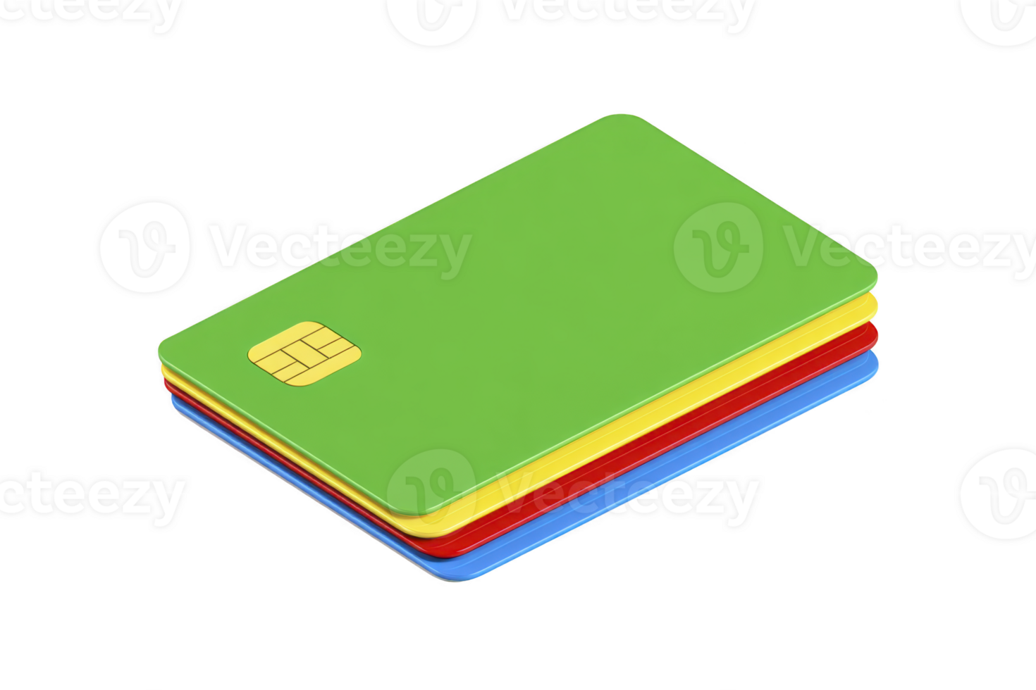 Stack of colorful credit cards, featuring green, yellow, red, and blue cards with visible chip, isolated on transparency background png