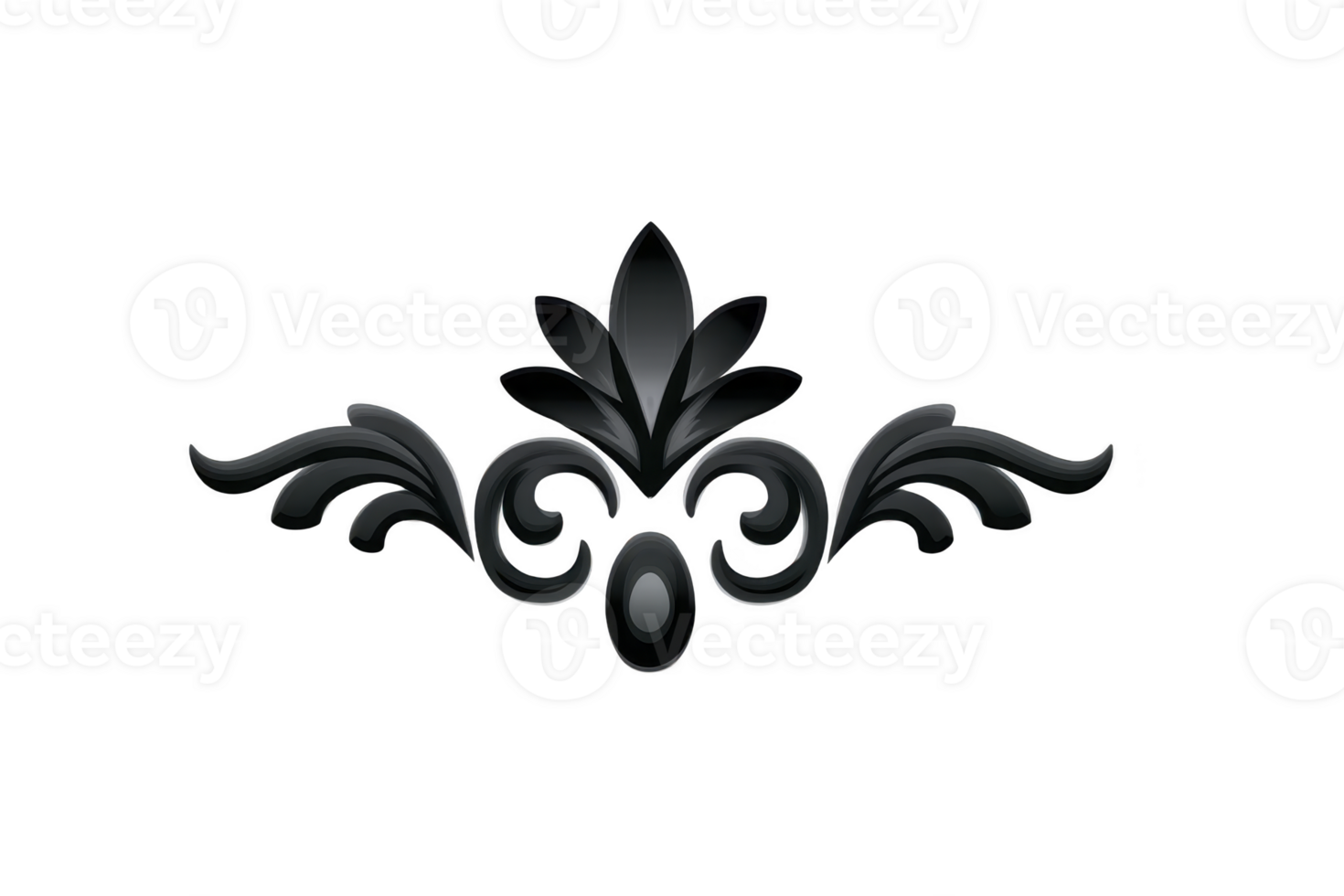Elegant black ornamental design with symmetrical floral elements and intricate swirls, perfect for decorative purposes. glossy finish adds touch of sophistication to classic motif png