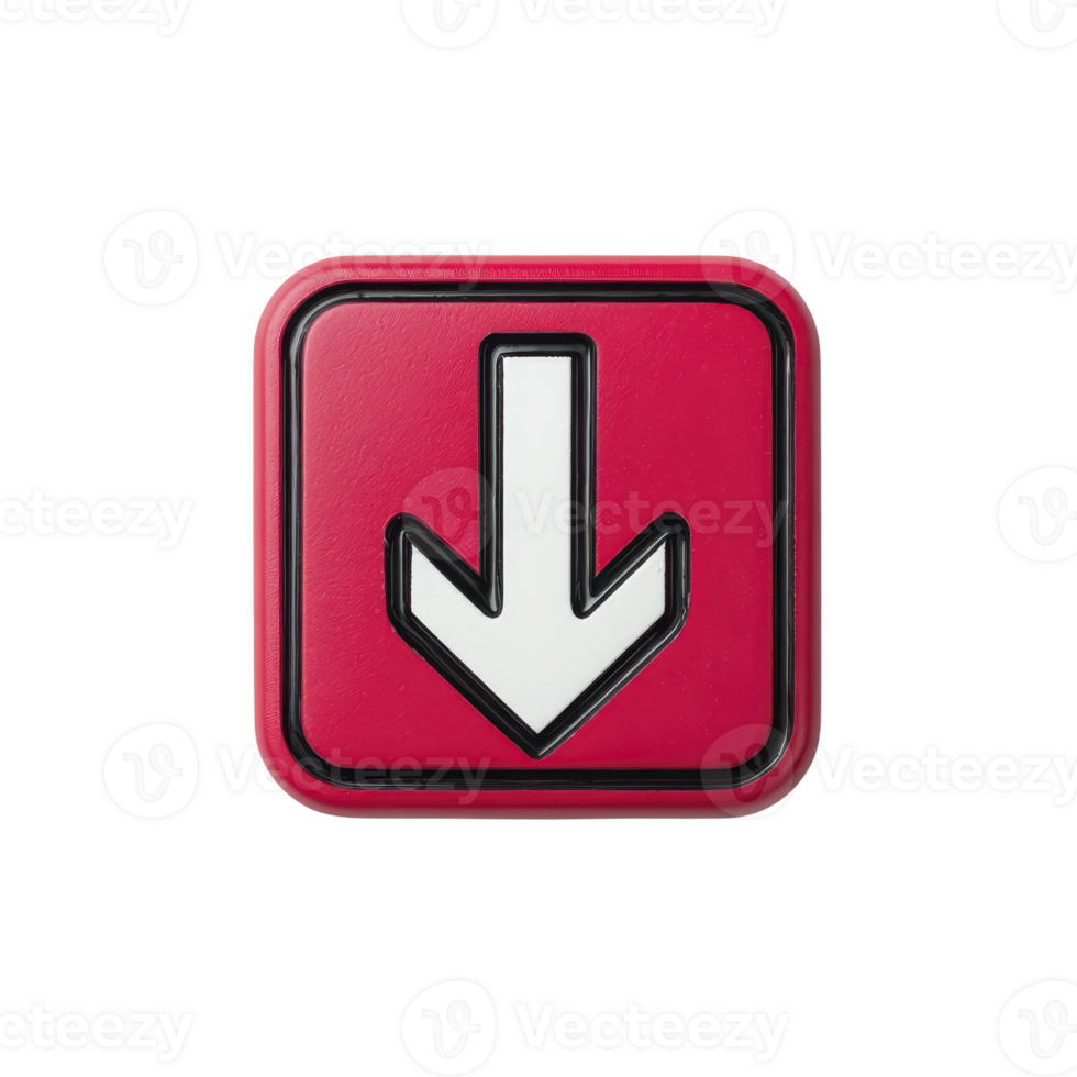 Red square button with white downward arrow symbol, outlined in black, is depicted. button has glossy finish and modern design, suggesting functionality and direction png