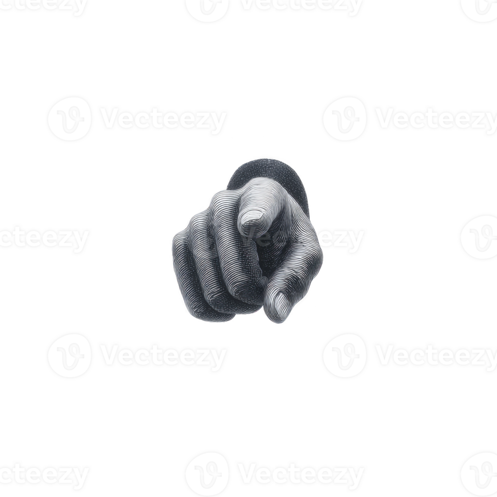 Detailed illustration of pointing hand emerges from transparency background, creating striking and engaging visual. monochrome design emphasizes intricate line work and shading png