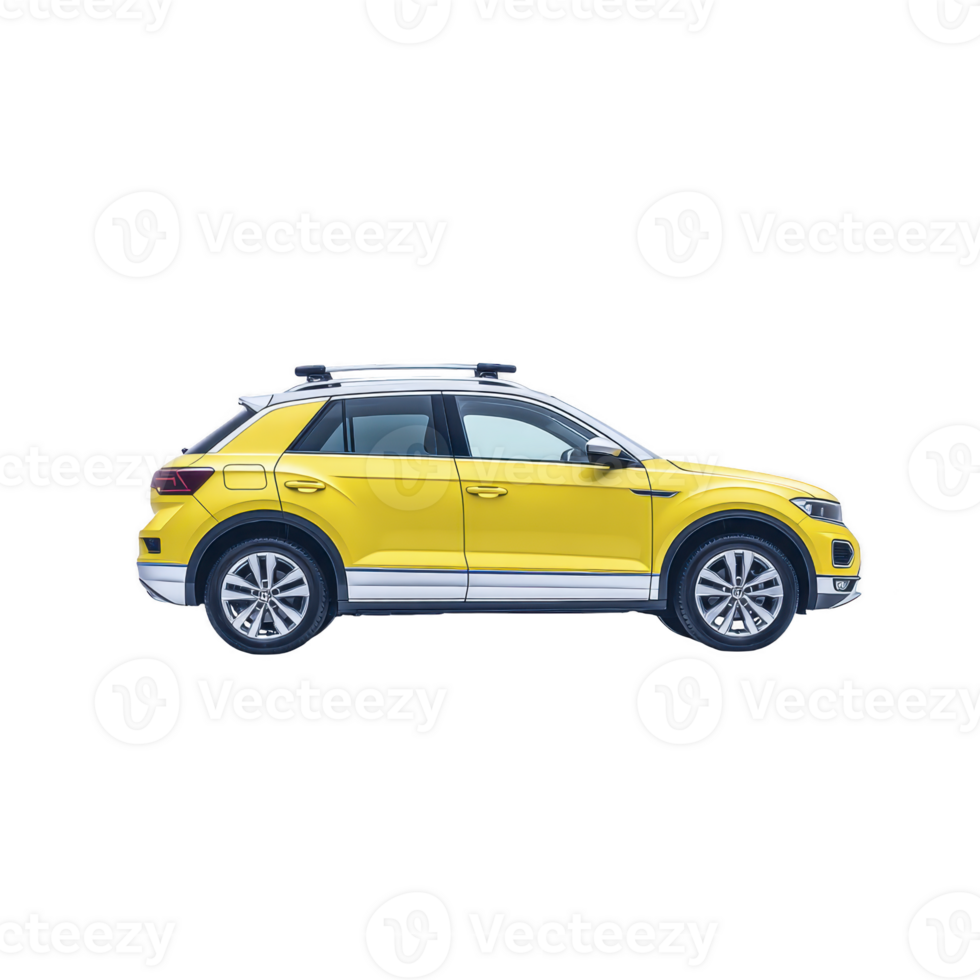 Vibrant yellow compact SUV is shown in side profile view, highlighting its sleek design and modern features. vehicle bright color and stylish appearance convey sense of energy and adventure png