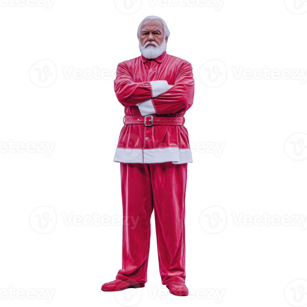 Man dressed as Santa Claus stands confidently with arms crossed, wearing traditional red and white suit, complete with belt and boots. His expression is serious yet festive png