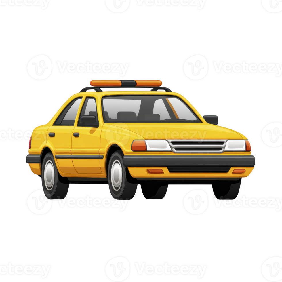 Yellow taxi car illustration with roof light, showcasing classic sedan design. vehicle is depicted in cartoon style, emphasizing its bright color and simple features png