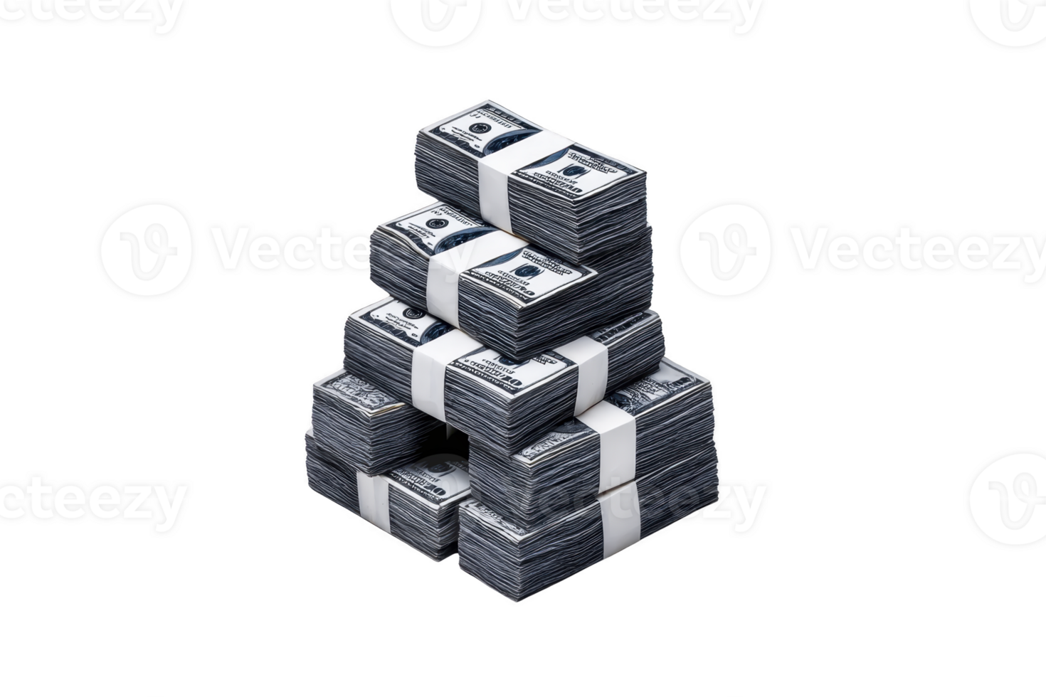 Stacks of US dollar bills are neatly arranged in pyramid shape, each bundle secured with white band. image conveys wealth and financial abundance png