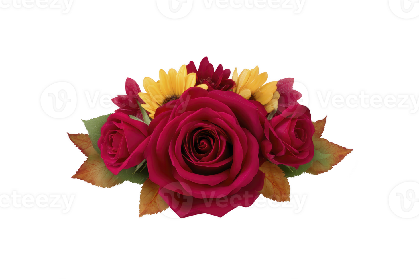 Vibrant floral arrangement featuring red roses and yellow sunflowers, accented with green leaves and autumn colored foliage, creating warm and cheerful display png