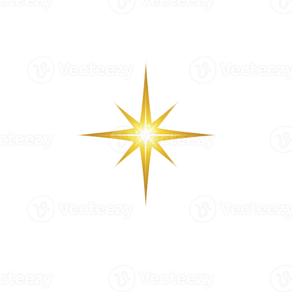 Golden eight pointed star with black outline is set against transparent background, symbolizing guidance and direction. star radiant design evokes sense of elegance and clarity png