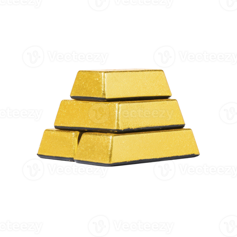 Stack of shiny gold bars is arranged in pyramid shape, symbolizing wealth and investment. bars have reflective surface, highlighting their value and allure png