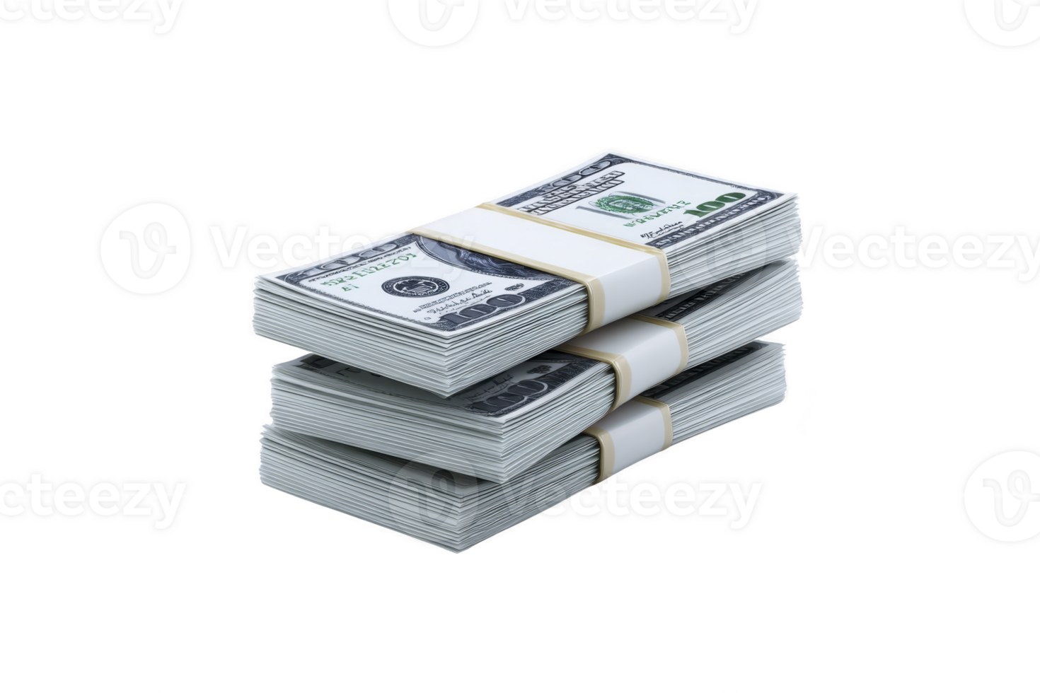 Stacks of hundred dollar bills are neatly bundled, symbolizing wealth and financial success. crisp, organized appearance conveys prosperity and abundance png