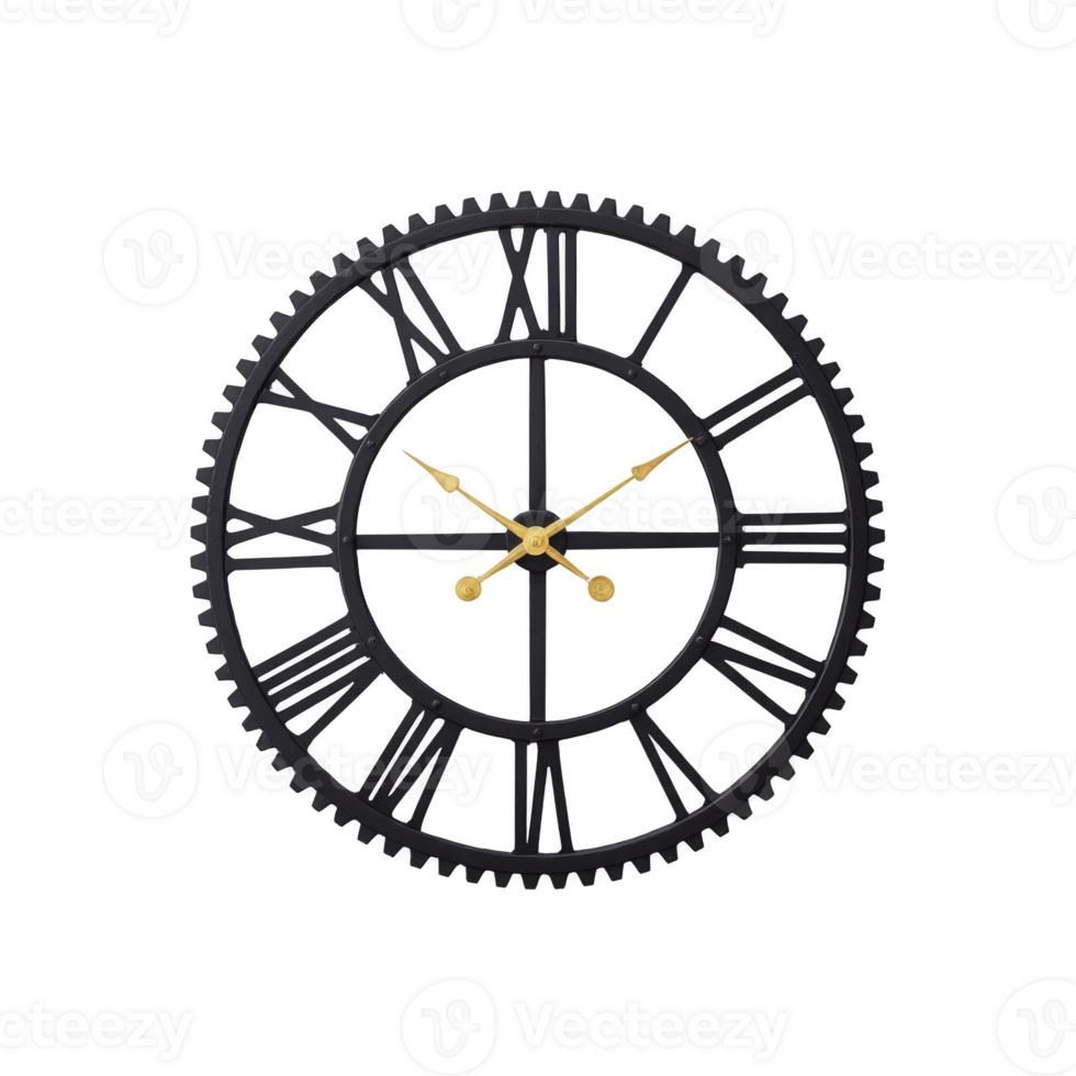 Large black wall clock with Roman numerals and gold hands, featuring gear like design, adds vintage touch to any room decor png