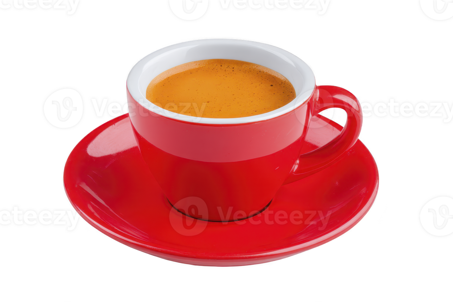 Vibrant red coffee cup filled with espresso sits on matching saucer, showcasing rich crema on top. simple yet striking design evokes sense of warmth and energy png