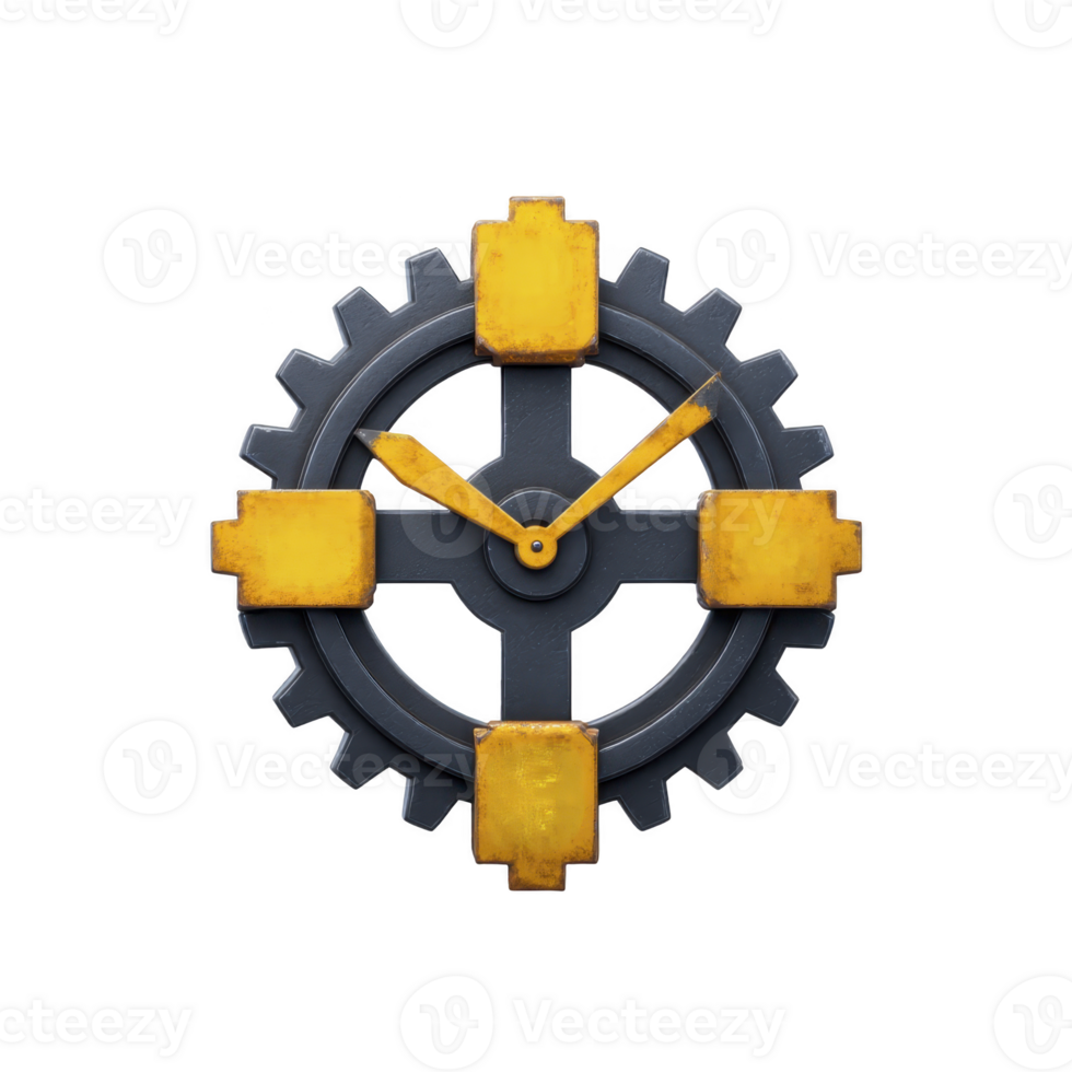 Steampunk inspired clock with gear design features yellow accents and mechanical aesthetic, blending industrial elements with vintage style png