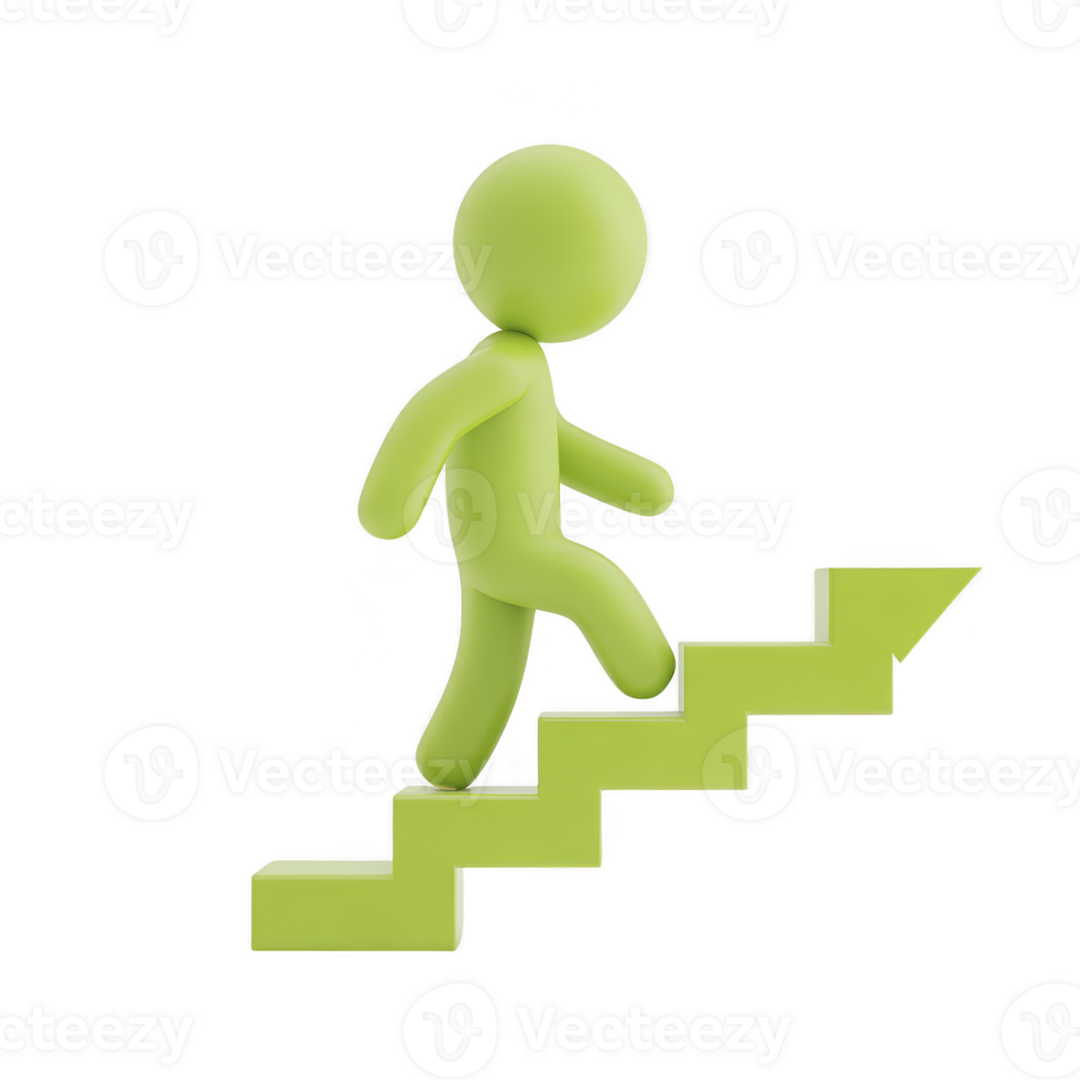Green 3D figure is climbing staircase, symbolizing progress and growth. minimalist design and vibrant color convey sense of motivation and achievement png