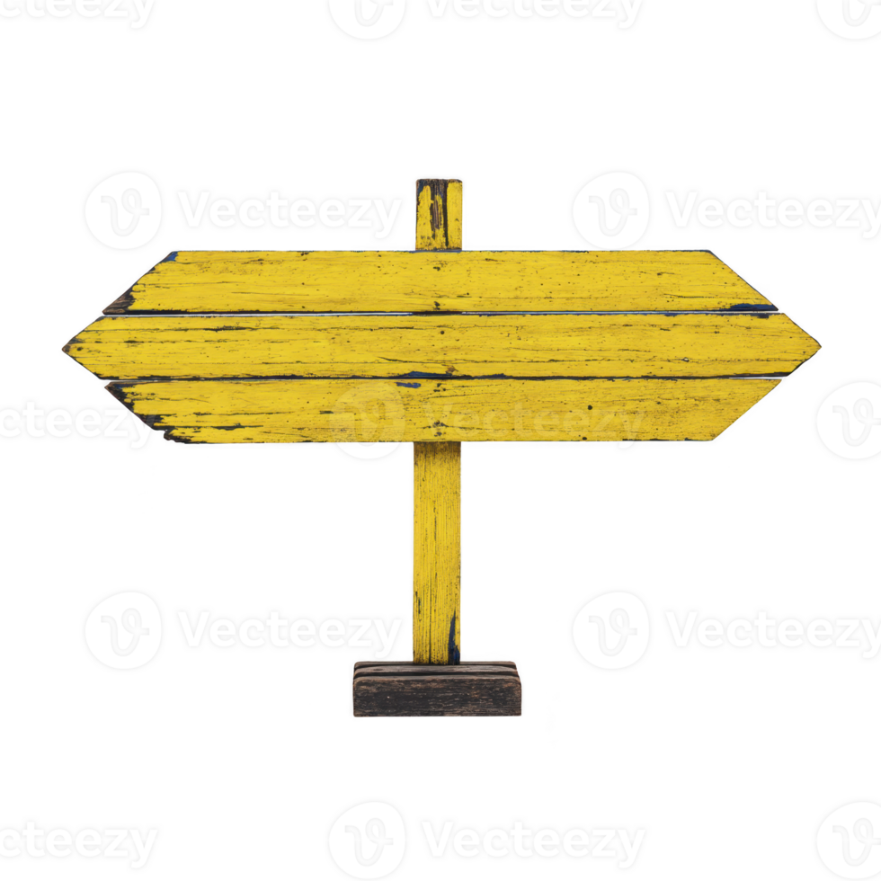 Weathered yellow wooden signpost with rustic appearance, featuring blank arrow shape for customizable directions. sign is isolated on transparency background png