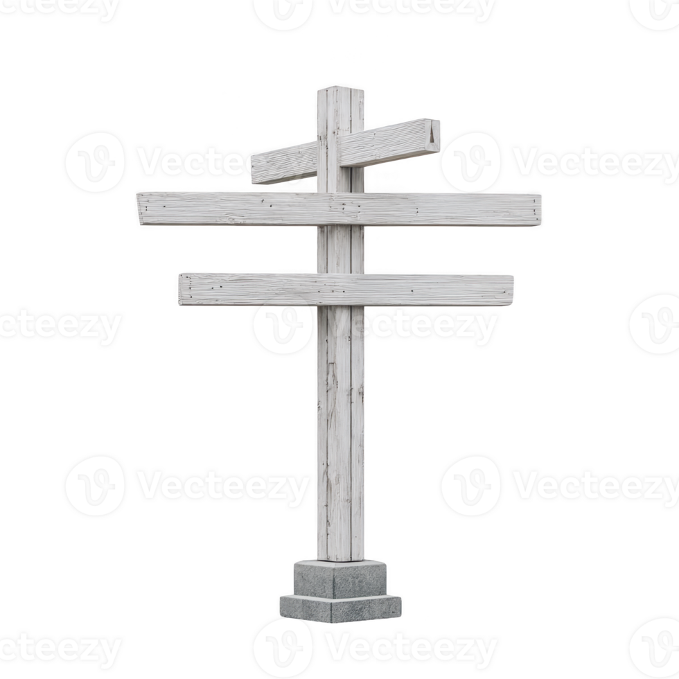 Rustic wooden signpost with multiple blank directional arrows stands on sturdy stone base, isolated on transparency background. weathered wood texture adds vintage charm png
