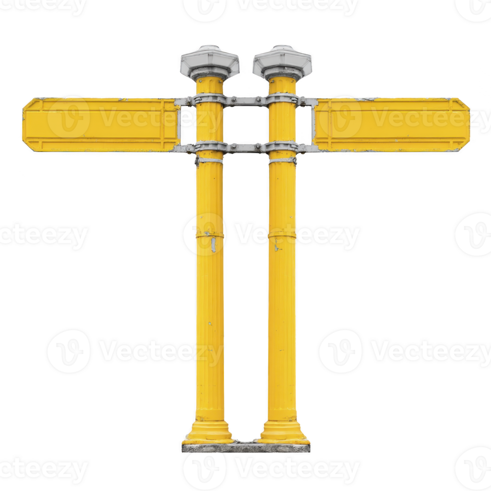 Two yellow signposts with blank directional signs stand side by side, featuring vintage design with ornate tops. signs are empty, ready for customization png