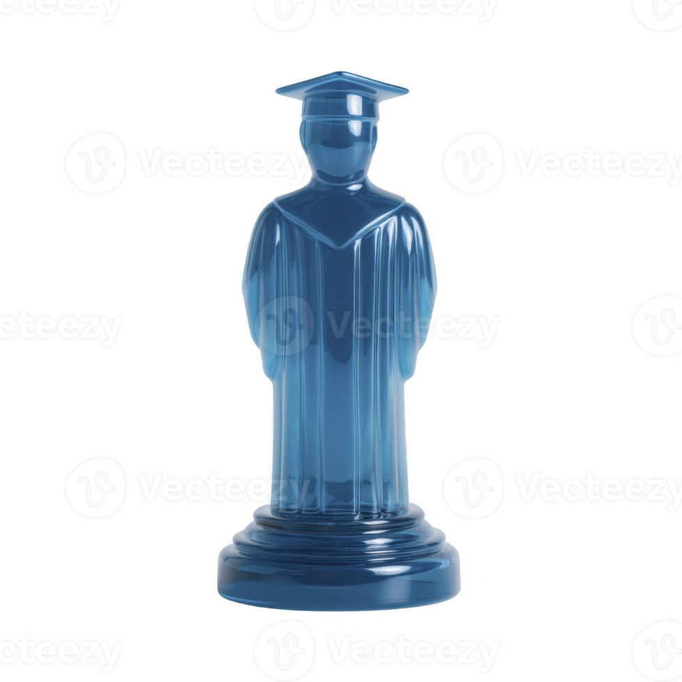Blue chess piece shaped like graduate in cap and gown stands on pedestal, symbolizing education and achievement. glossy finish adds modern touch to traditional design png
