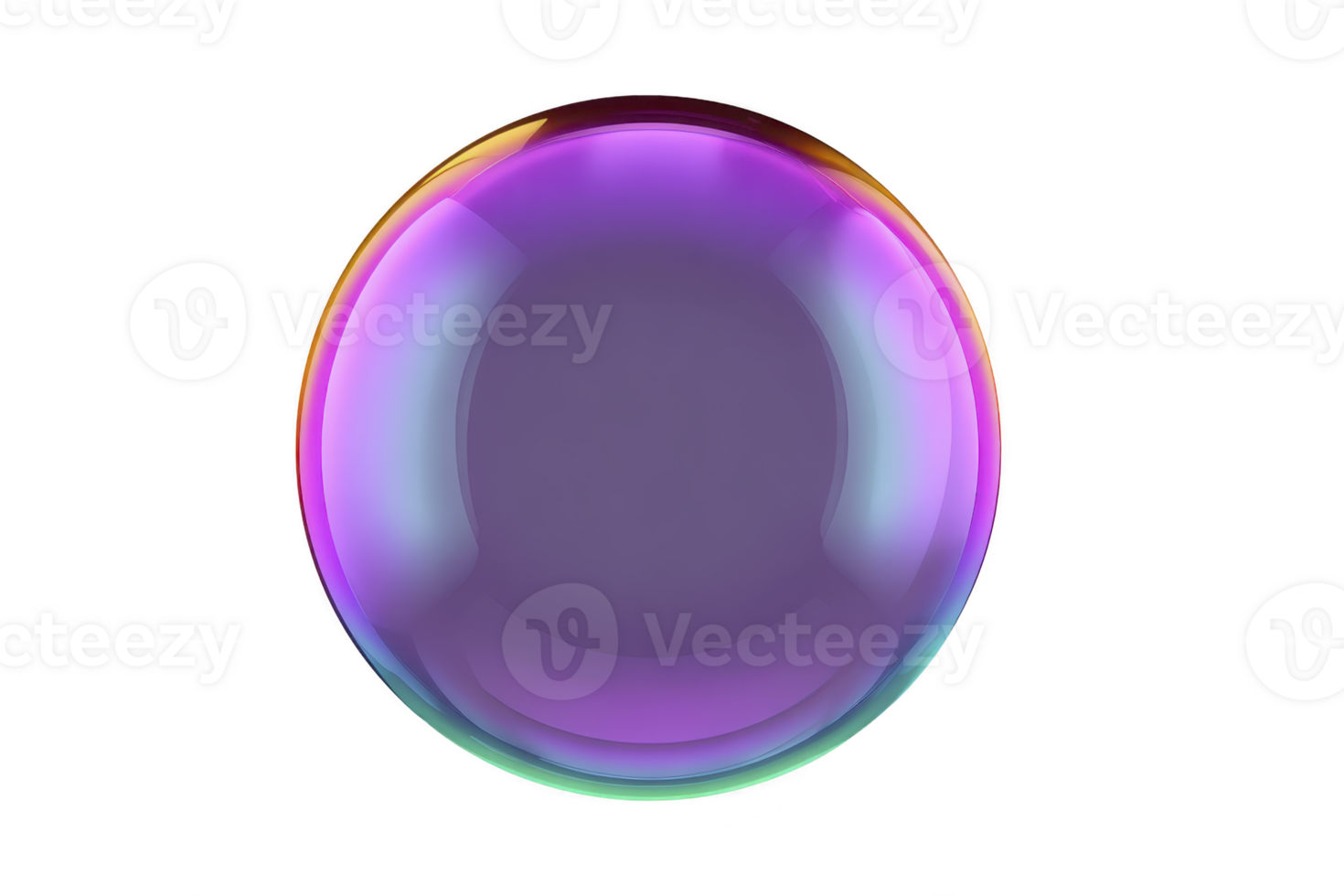 Vibrant, iridescent soap bubble with smooth, reflective surface displays spectrum of colors, including purple, pink, and hints of yellow, set against transparent background png