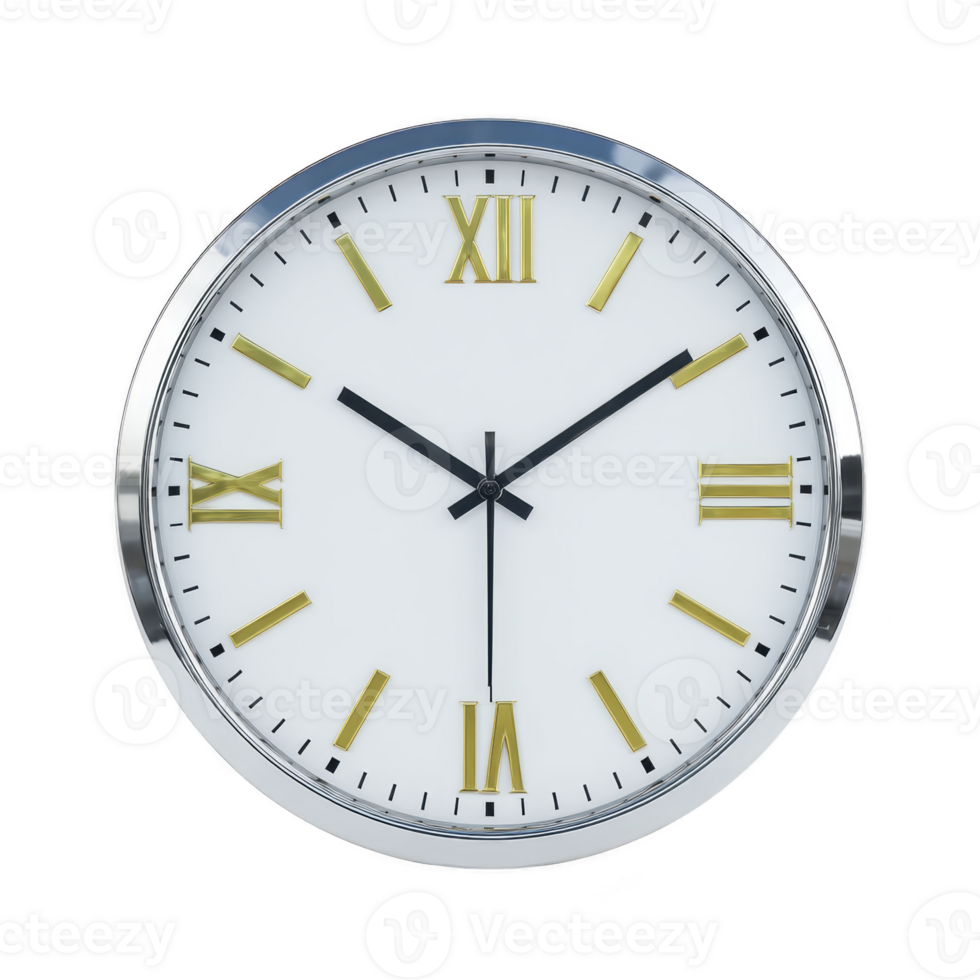 Round wall clock with silver frame features gold Roman numerals and black hands on white face, offering classic and elegant design png